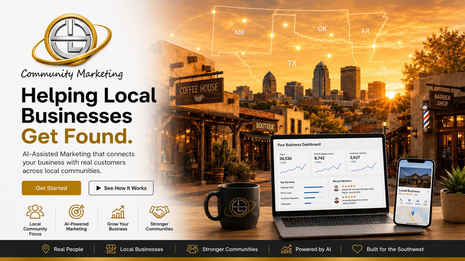 GrandPrairie Texas local business page with featured ads, coupons, restaurants, services, and city updates